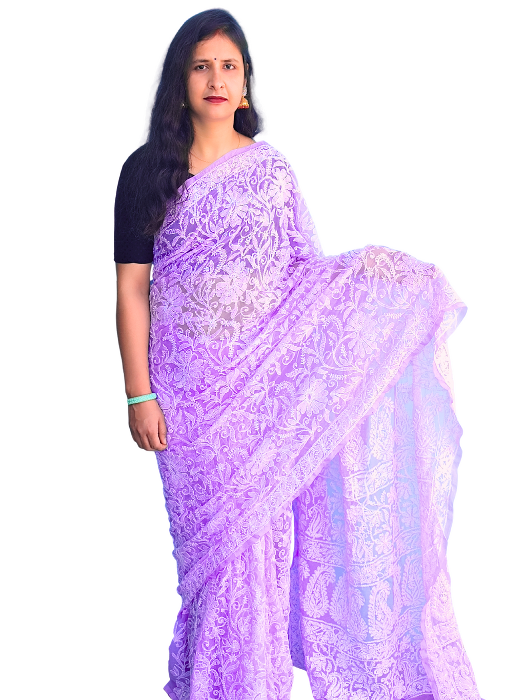 KURTIVERSE Chikan Hand Embroidered Georgette Saree with Blouse