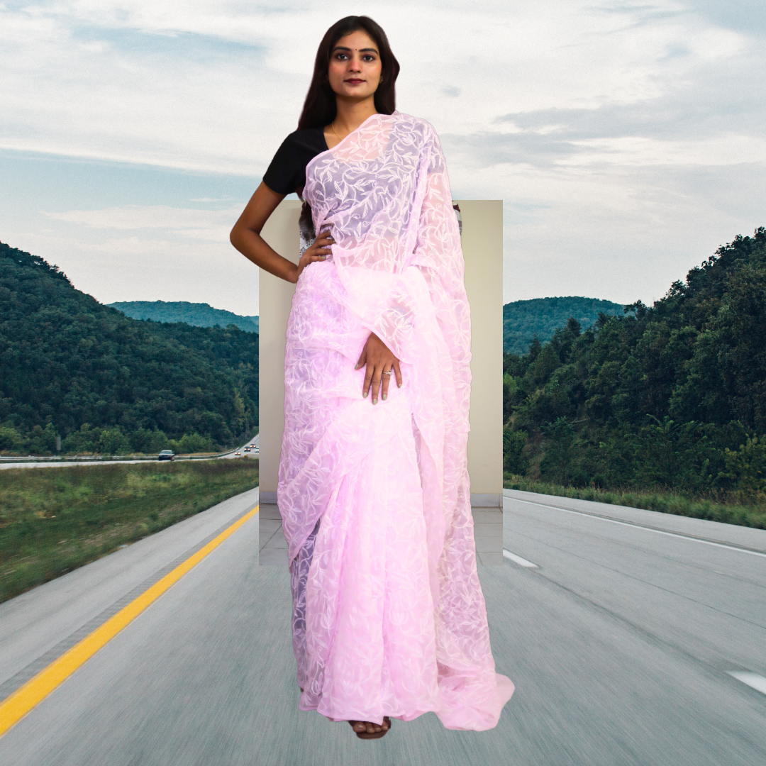 KURTIVERSE Women Chikankari Hand Embroidery Saree Blouse,Pink