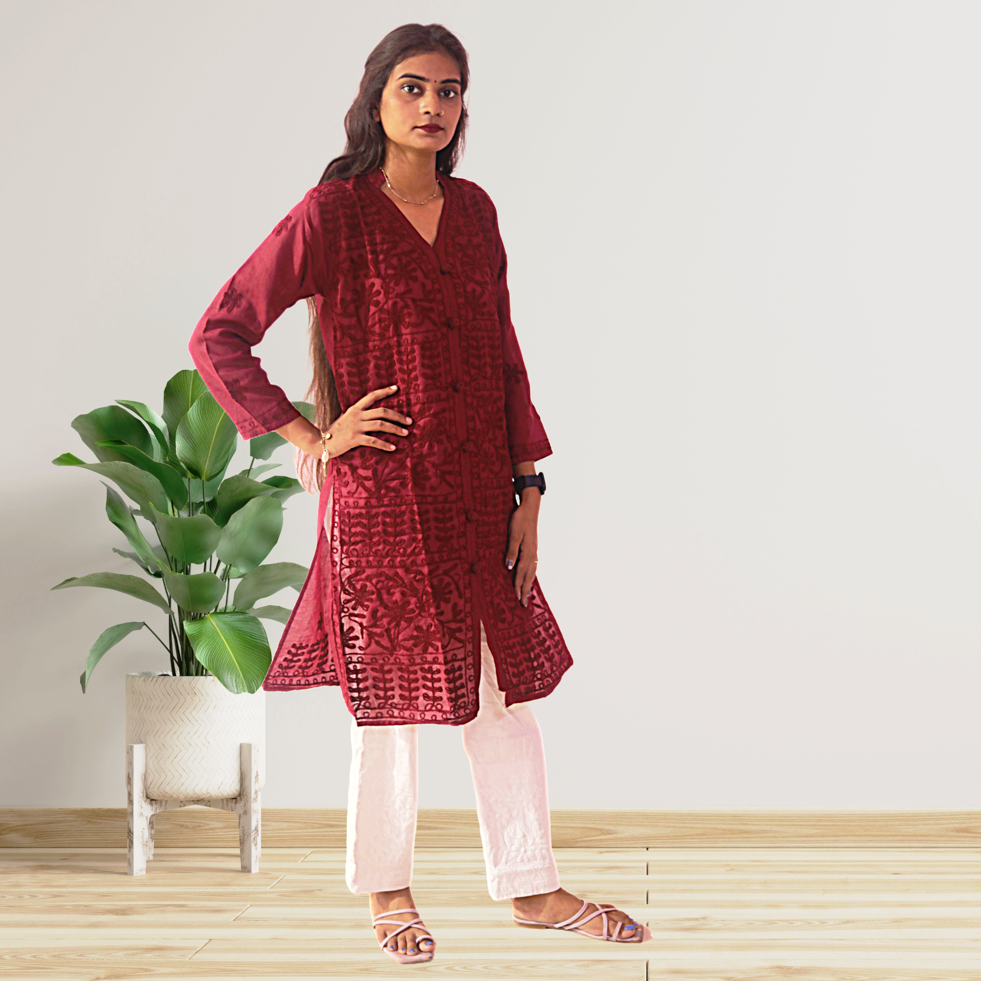 KurtiVerse Cotton Button Kurti for Women, Maroon Color