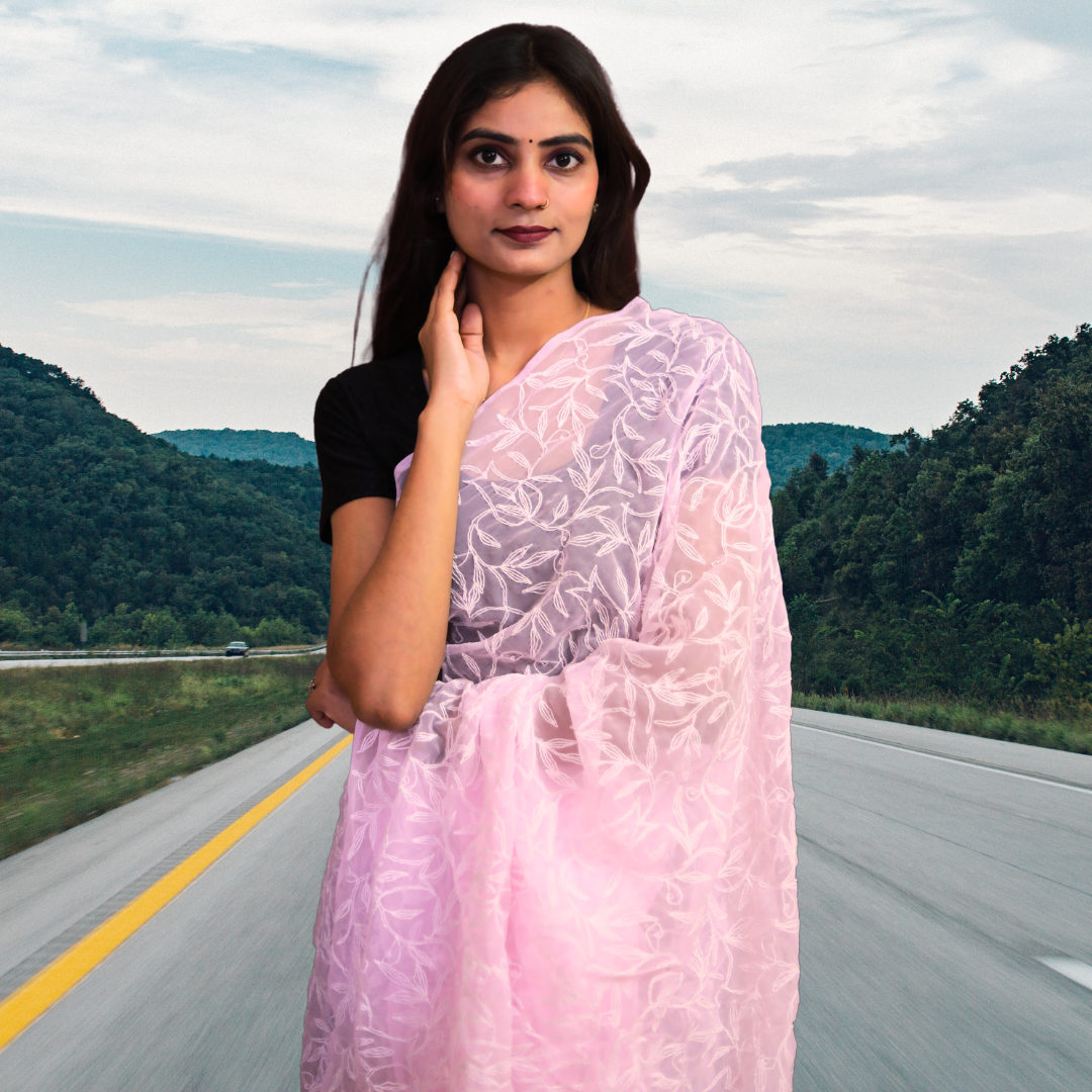 KURTIVERSE Women Chikankari Hand Embroidery Saree Blouse,Pink