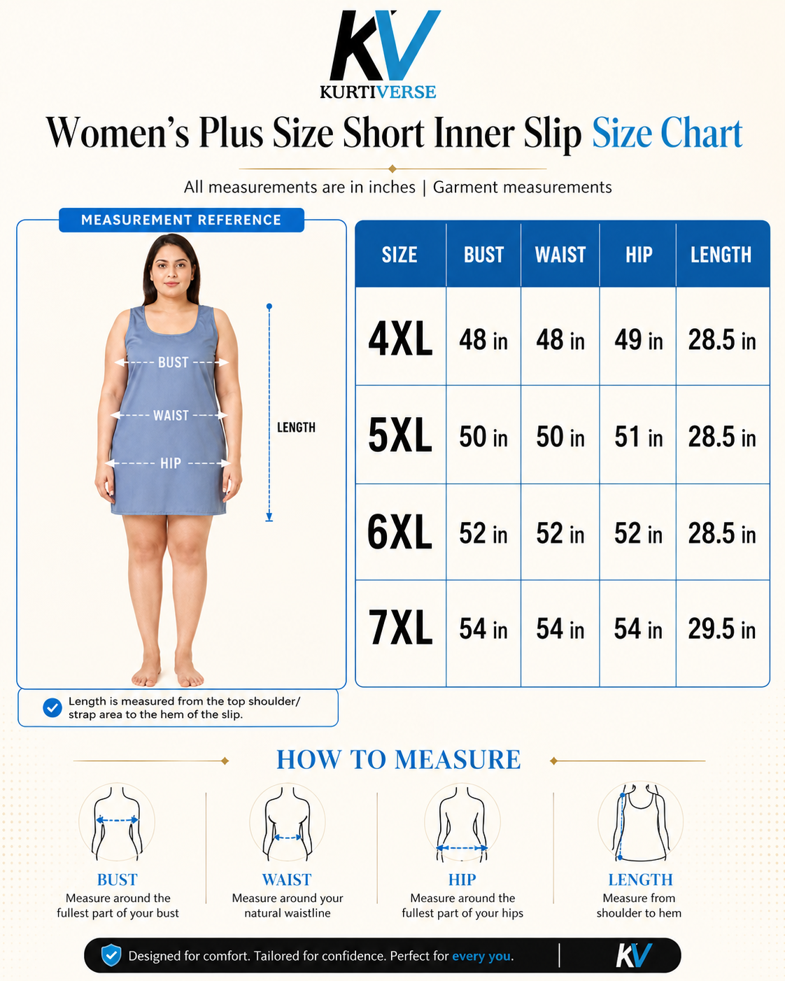 KURTIVERSE  Plus Size Short Inner Slip for Women Multi Color | Poly Cotton 28 Inch