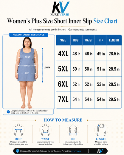 KURTIVERSE  Plus Size Short Inner Slip for Women Multi Color | Poly Cotton 28 Inch