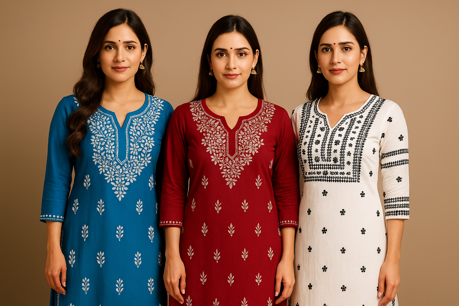 Three women wearing embroidered kurtis on a beige background