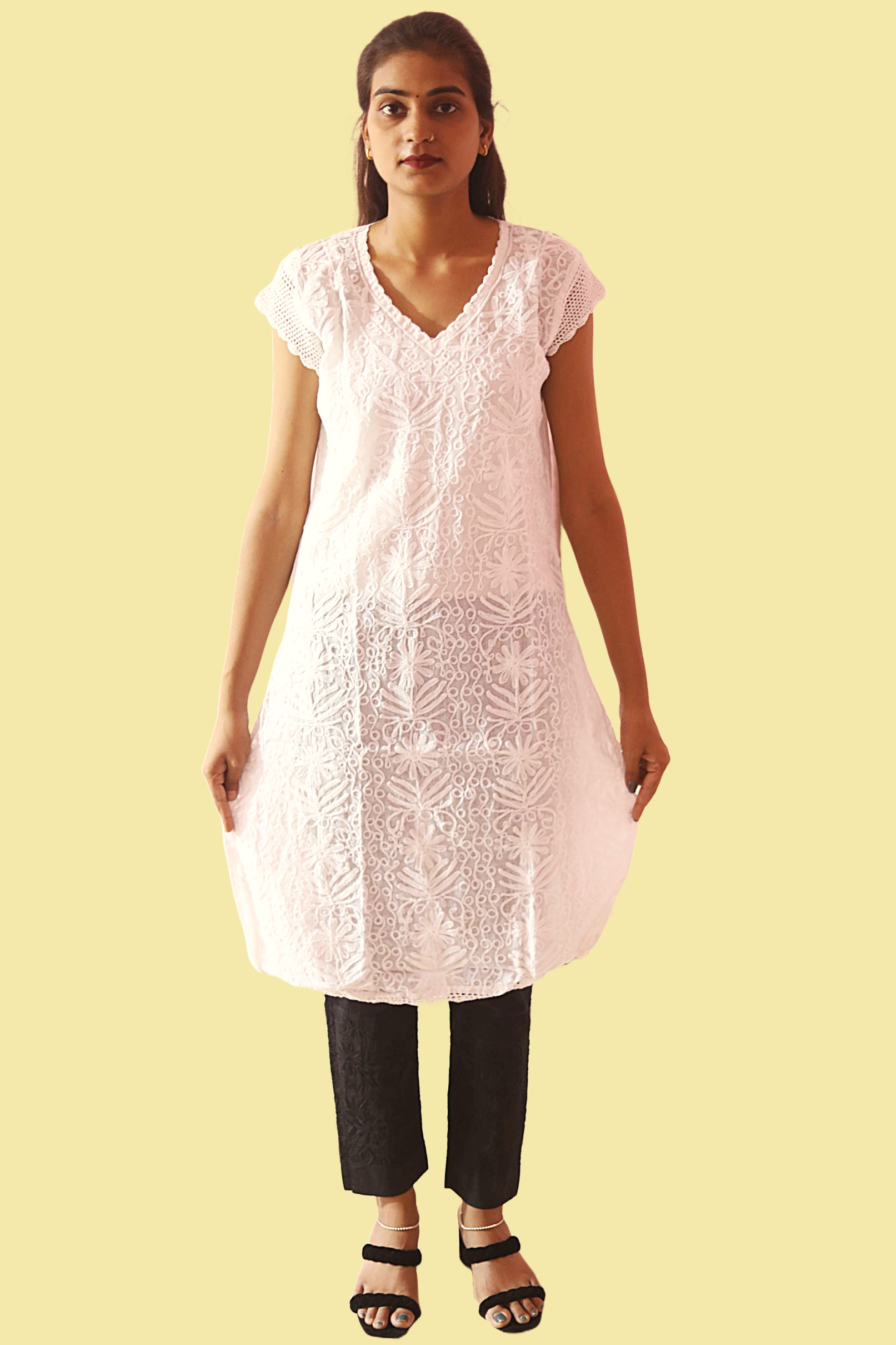 KurtiVerse Short Sleeve Cotton Kurti with Machine Embroidery