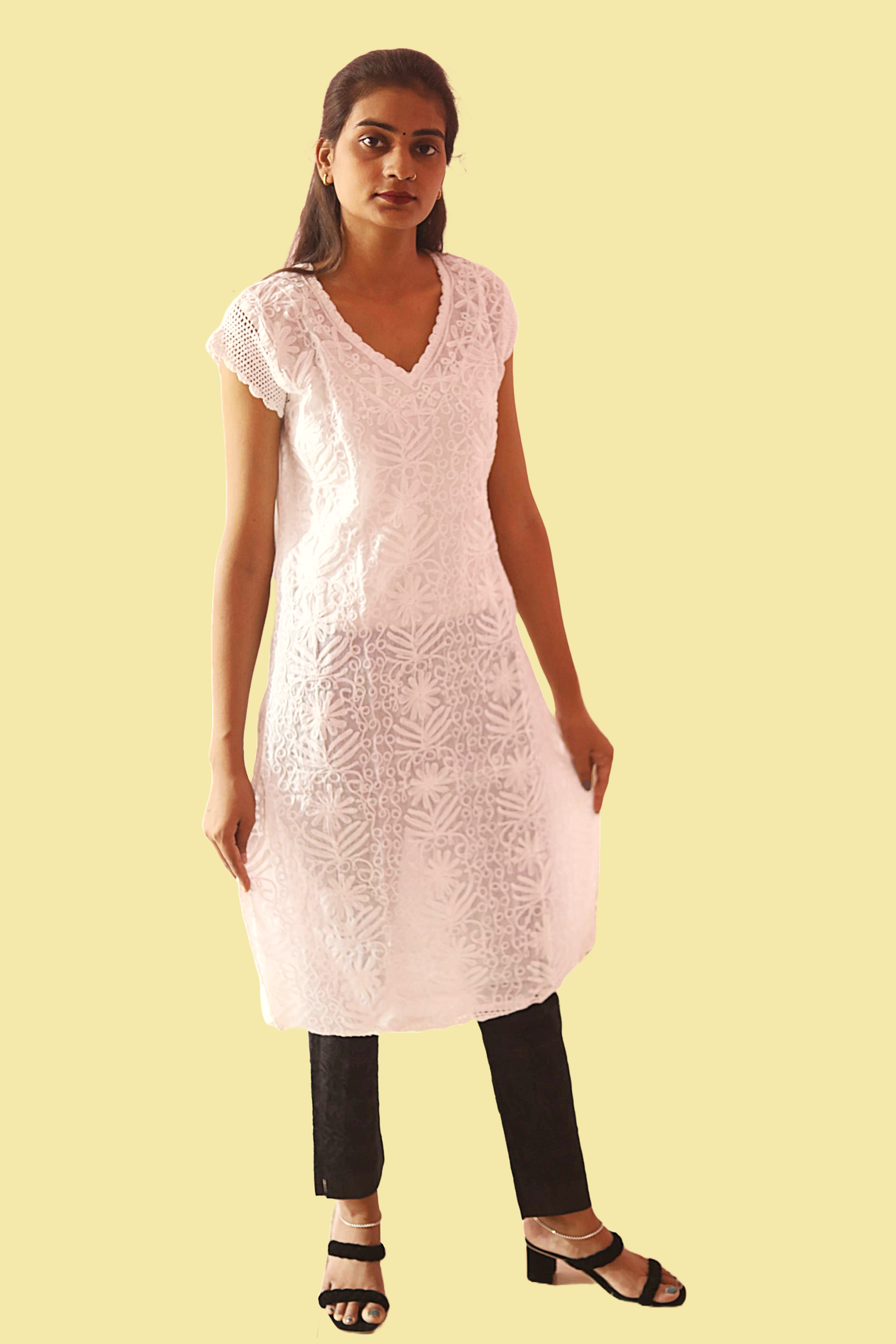 KurtiVerse Short Sleeve Cotton Kurti with Machine Embroidery