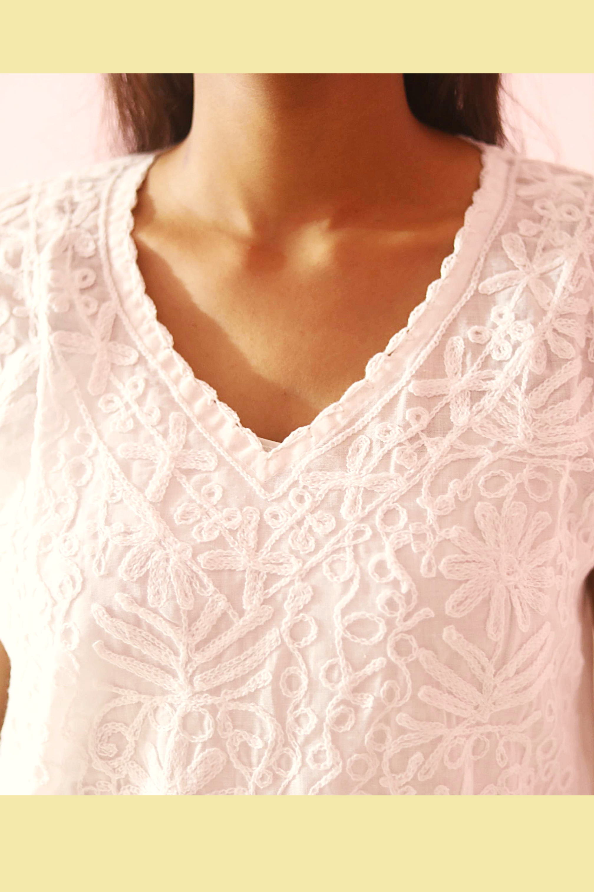 KurtiVerse Short Sleeve Cotton Kurti with Machine Embroidery