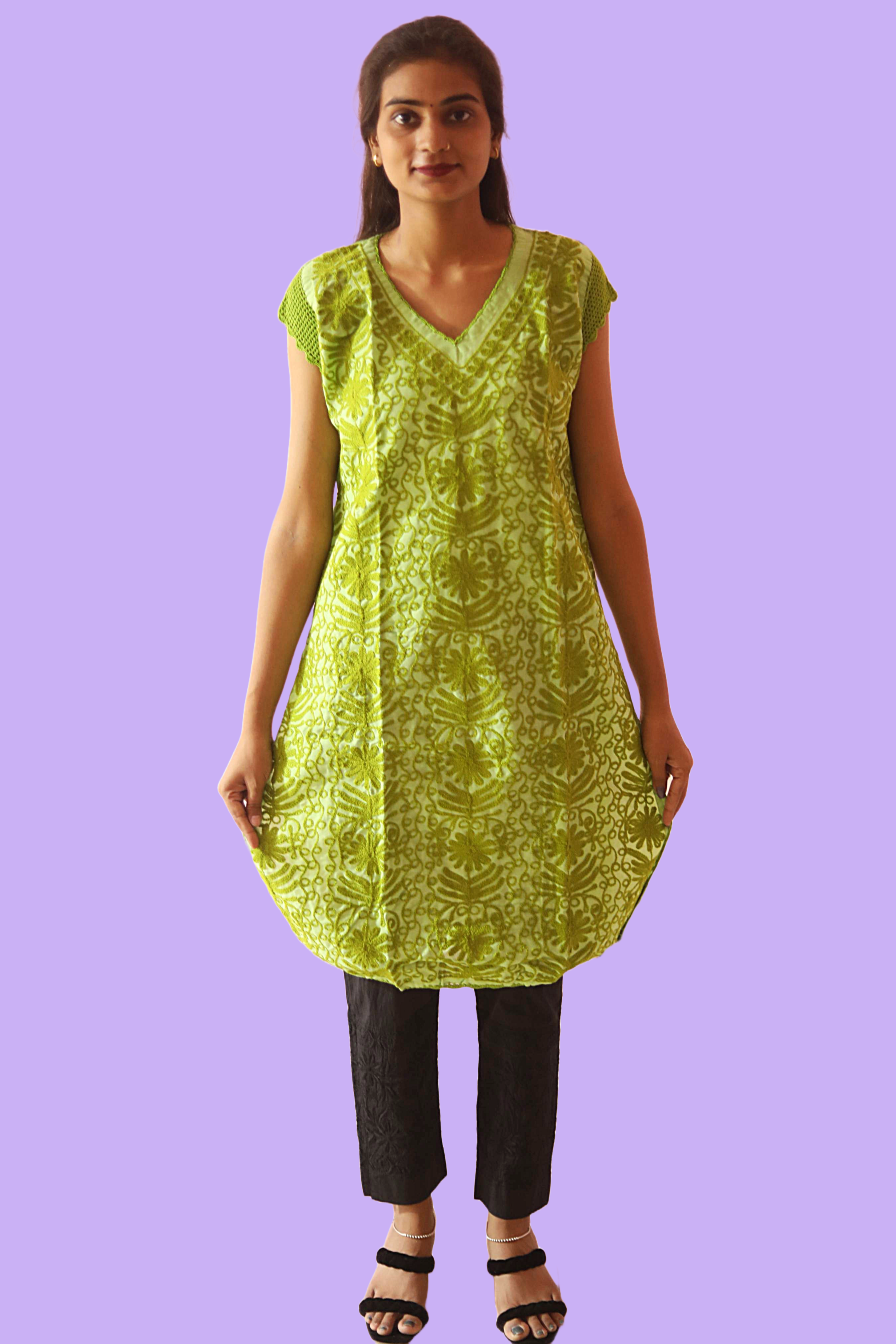 KurtiVerse Short Sleeve Cotton Kurti with Machine Embroidery