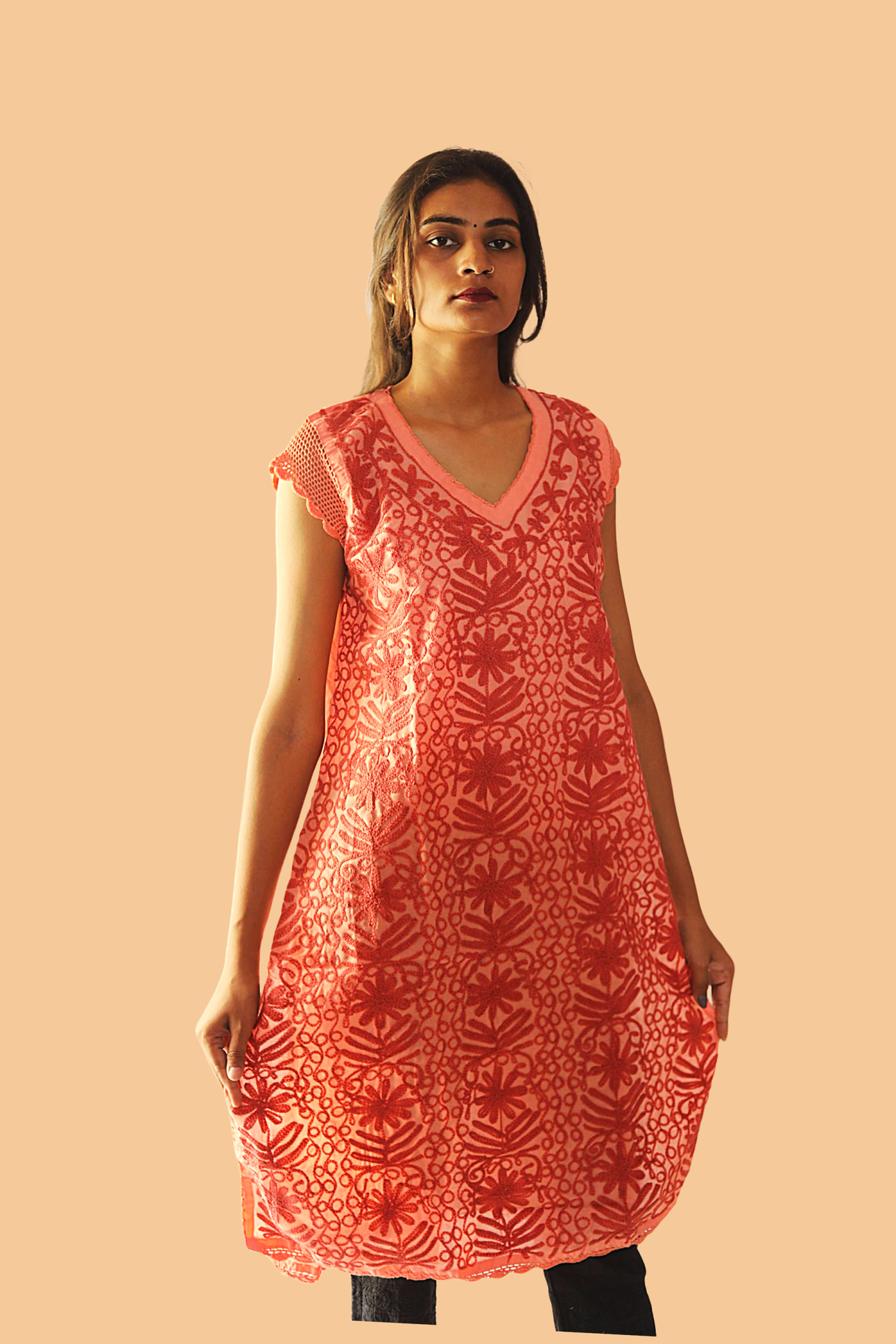 KurtiVerse Short Sleeve Cotton Kurti with Machine Embroidery