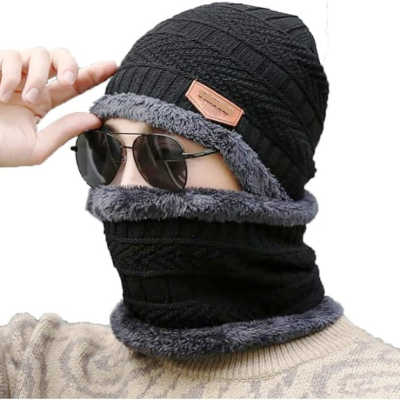 Black Beanie Cap & Muffler for Men & Women, Winter Knit Topi and Neck Warmer Scarf