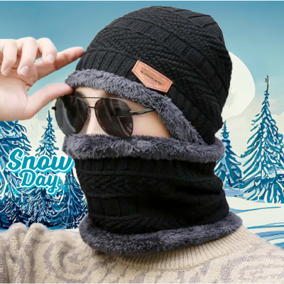 Black Beanie Cap & Muffler for Men & Women, Winter Knit Topi and Neck Warmer Scarf