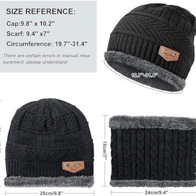 Black Beanie Cap & Muffler for Men & Women, Winter Knit Topi and Neck Warmer Scarf