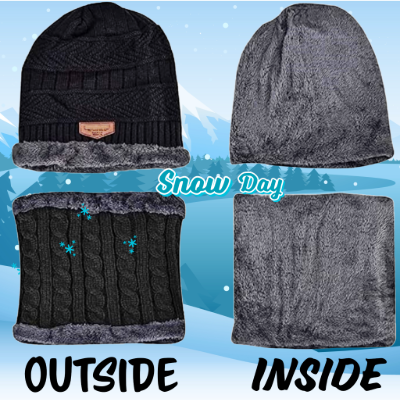 Black Beanie Cap & Muffler for Men & Women, Winter Knit Topi and Neck Warmer Scarf