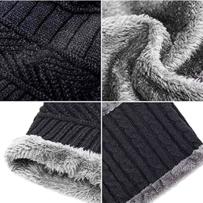 Black Beanie Cap & Muffler for Men & Women, Winter Knit Topi and Neck Warmer Scarf