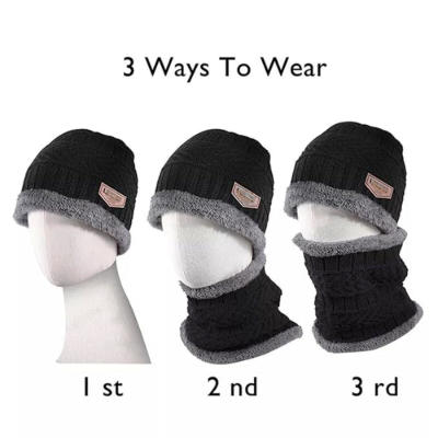 Black Beanie Cap & Muffler for Men & Women, Winter Knit Topi and Neck Warmer Scarf