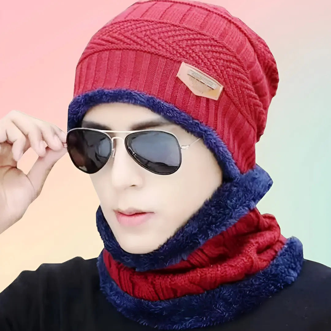Men's Woolen Cap with Neck Muffler Set, Winter Cap and Neck Warmer Set - KurtiVerse