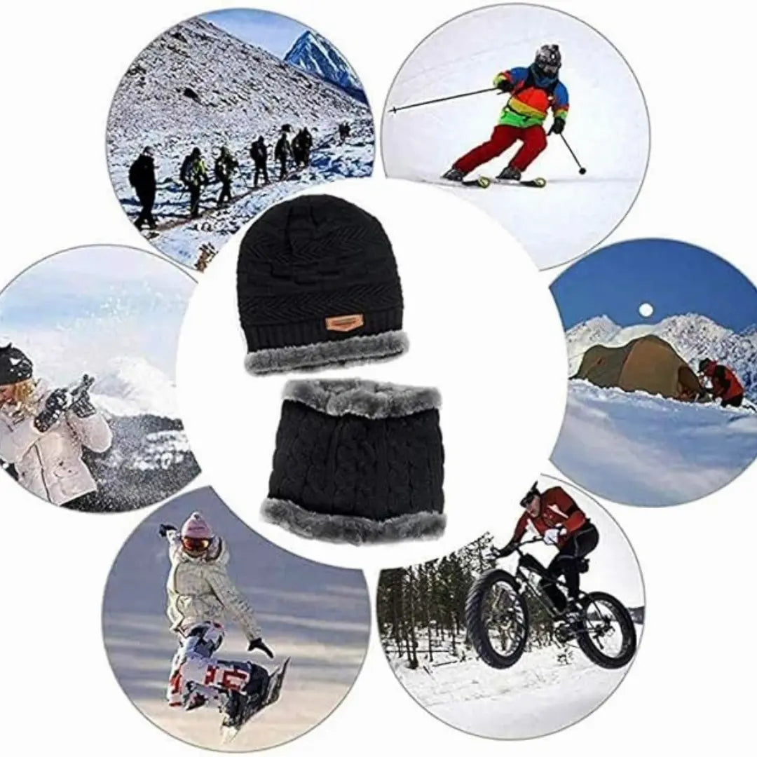 Men's Woolen Cap with Neck Muffler Set, Winter Cap and Neck Warmer Set - KurtiVerse