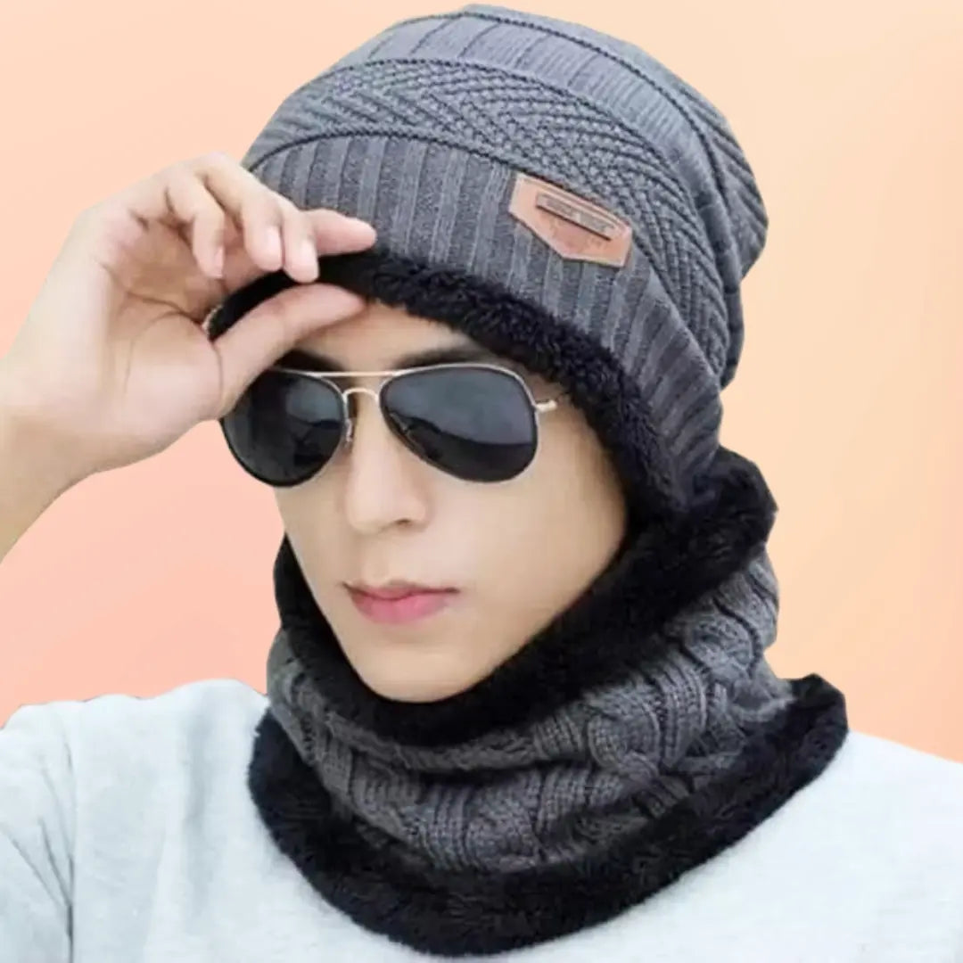 Men's Woolen Cap with Neck Muffler Set, Winter Cap and Neck Warmer Set - KurtiVerse