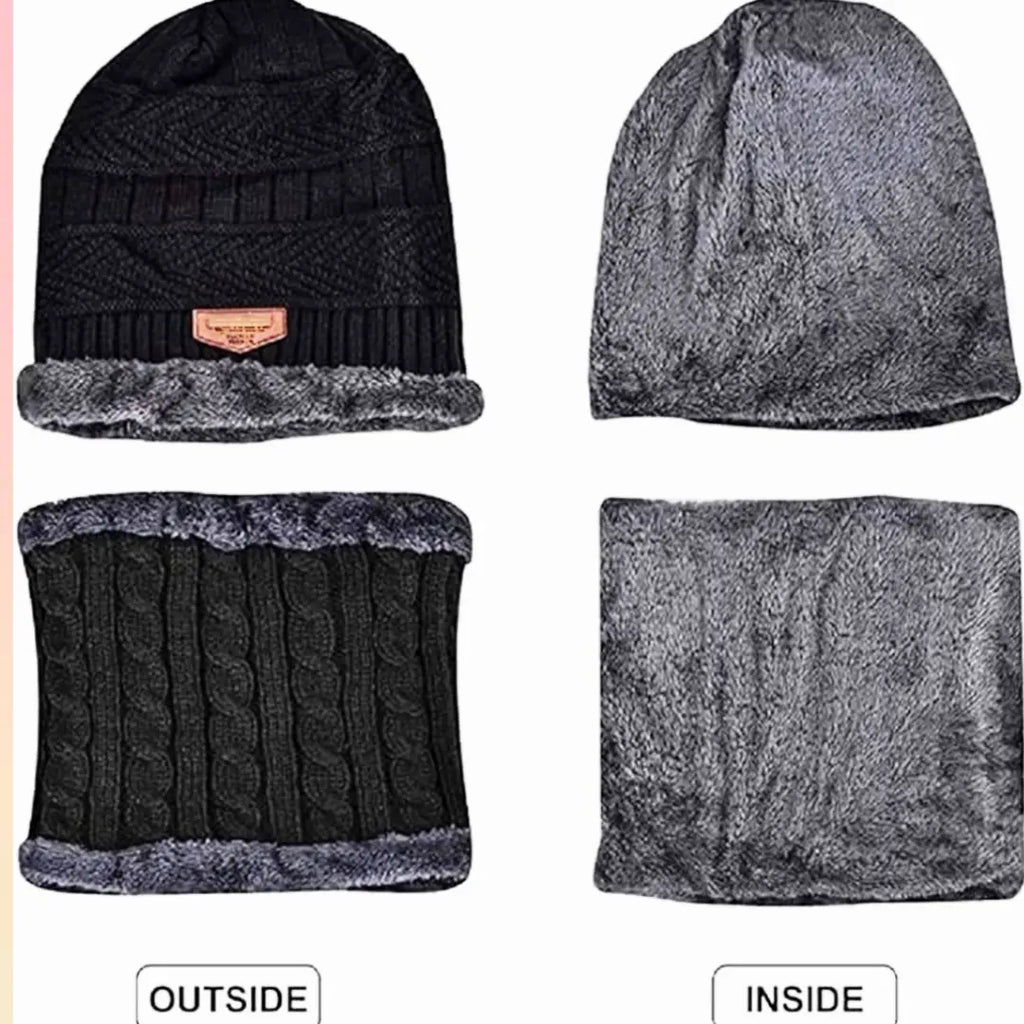 Men's Woolen Cap with Neck Muffler Set, Winter Cap and Neck Warmer Set - KurtiVerse