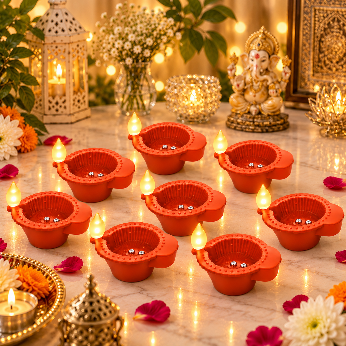 KURTIVERSE flameless LED diya lights with festive flowers and pooja decor