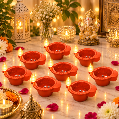 KURTIVERSE flameless LED diya lights with festive flowers and pooja decor