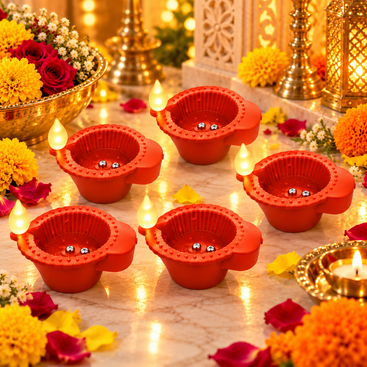 KURTIVERSE terracotta-colour water sensor LED diyas in a festive floral display