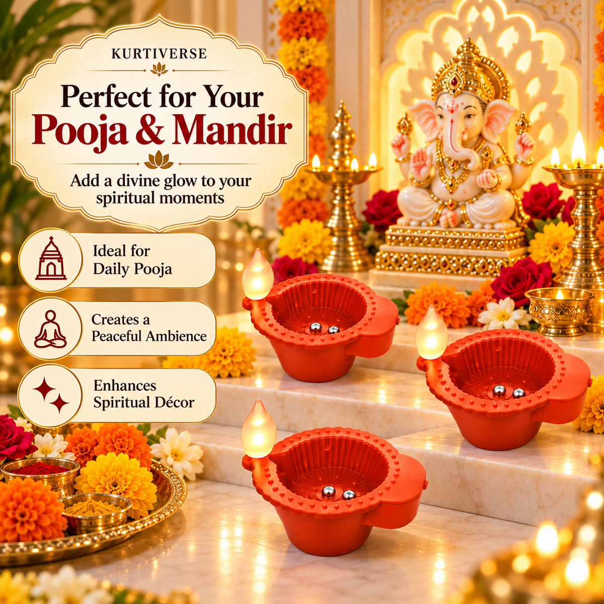 KURTIVERSE water sensor LED diya lights displayed for pooja and home mandir decoration