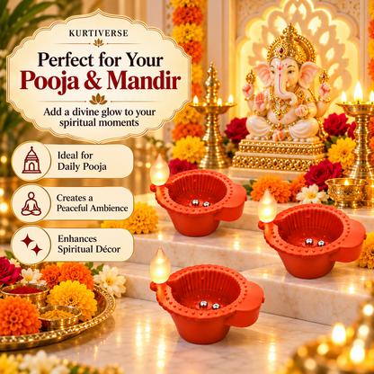 KURTIVERSE water sensor LED diya lights displayed for pooja and home mandir decoration