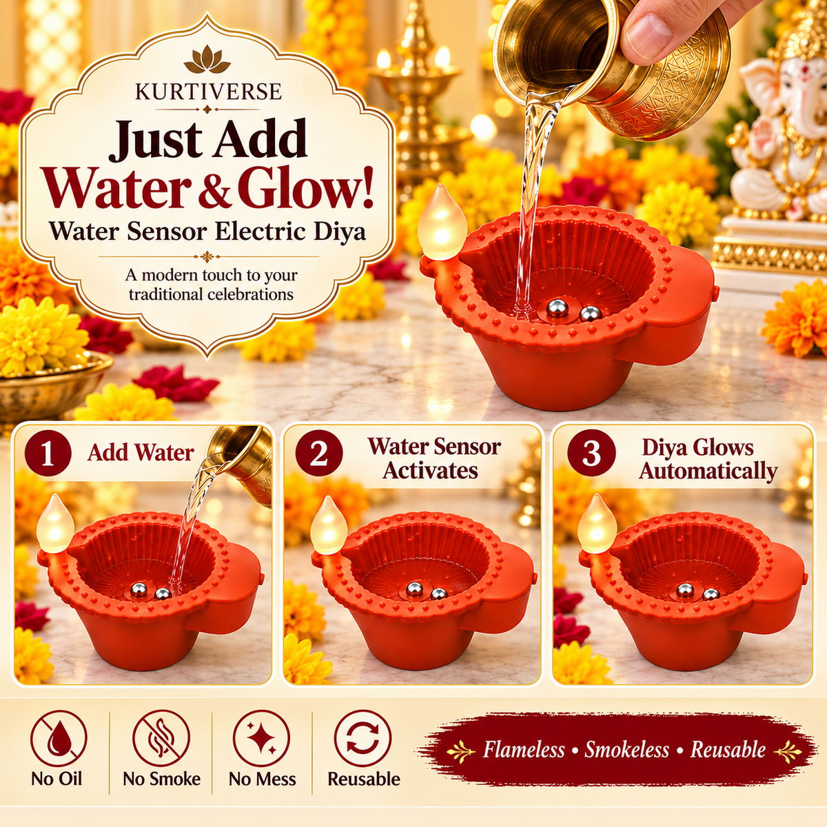 How to activate KURTIVERSE LED diya lights by adding water to the sensor