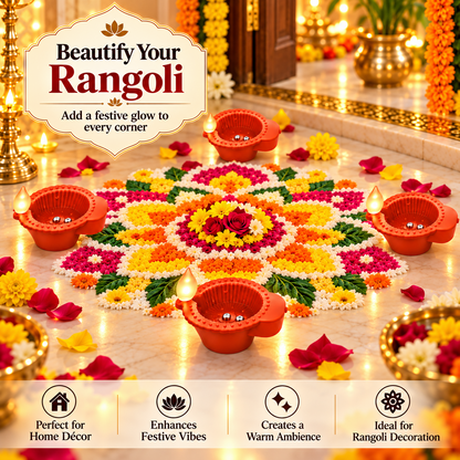 KURTIVERSE flameless LED diyas arranged around a floral rangoli for Diwali decoration