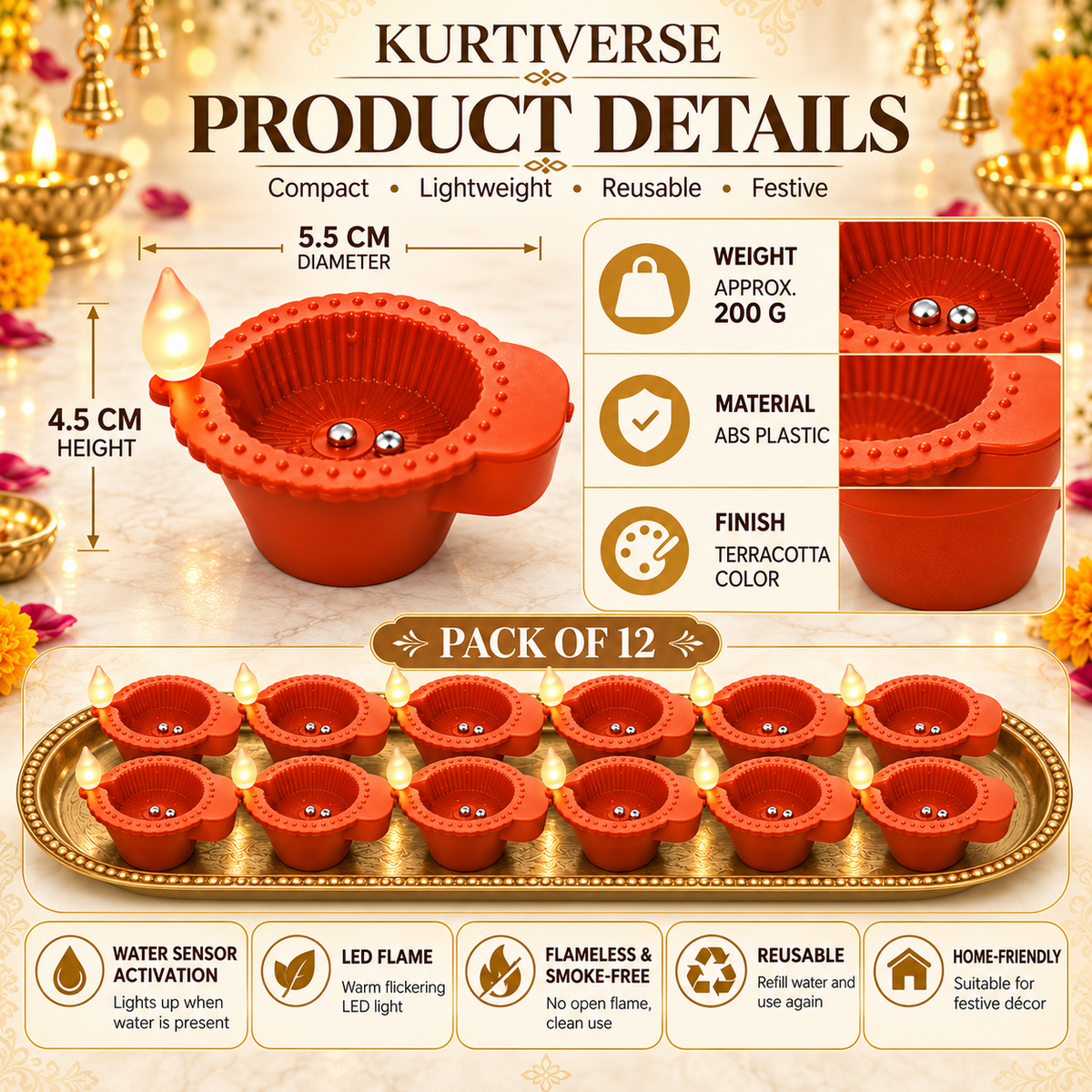 KURTIVERSE water sensor LED diya lights pack of 12 with product dimensions and features