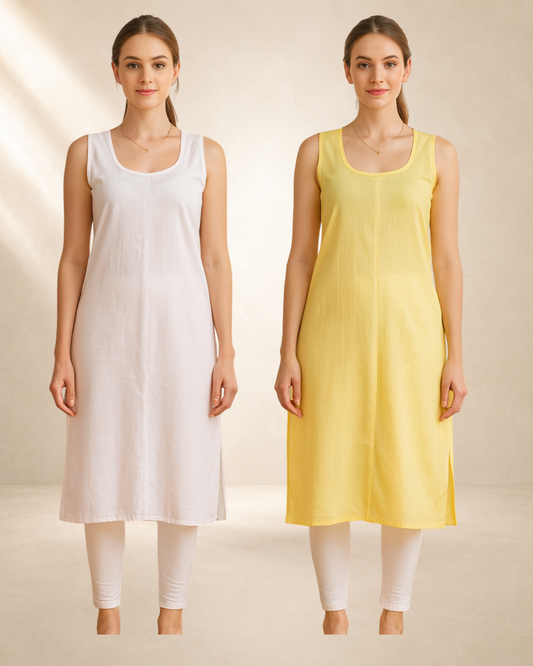KURTIVERSE Women’s Poly Cotton Long Inner Slip Combo Pack of 2 with Side Slit | Yellow & White