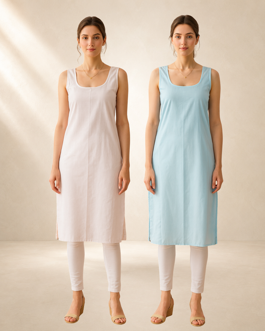 KURTIVERSE Women’s Poly Cotton Long Inner Slip Combo Pack of 2 with Side Slit | Sky Blue & White
