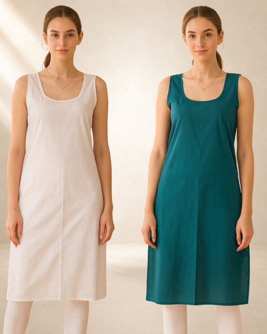 KURTIVERSE Women’s Poly Cotton Long Inner Slip Combo Pack of 2 with Side Slit | Bottle Green & White
